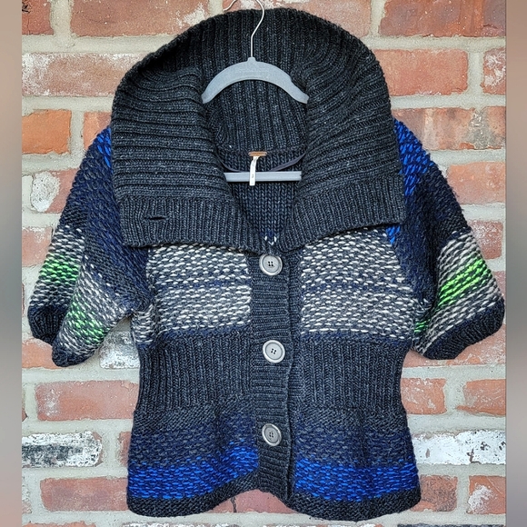 Free People Cable Knit Wool Blend Short Sleeve Sweater | Small | Gray & Blue - Picture 4 of 14